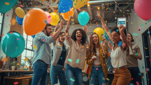 Un groupe heureux appréciant les loisirs avec des ballons lors d'une fête d'anniversaire amusante AIG41