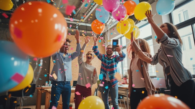 Un groupe heureux appréciant les loisirs avec des ballons lors d'une fête d'anniversaire amusante AIG41