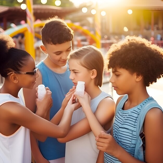 Un groupe heureux d'enfants mangeant de la crème glacée dans le parc d'attractions au coucher du soleil