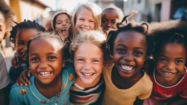 groupe heureux d'enfants multiculturels souriants posant pour la caméra dans un village diversité de pauvreté