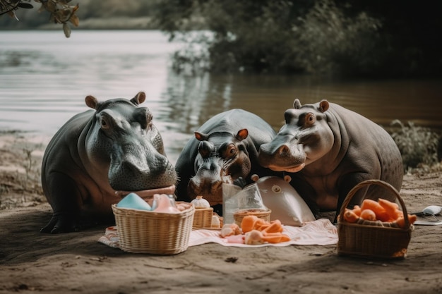 Un groupe d'hippopotames assis au sommet d'une plage de sable Image AI générative