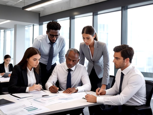 Un groupe d'hommes d'affaires dans un bureau moderne étudiant attentivement des documents financiers AI_Generated