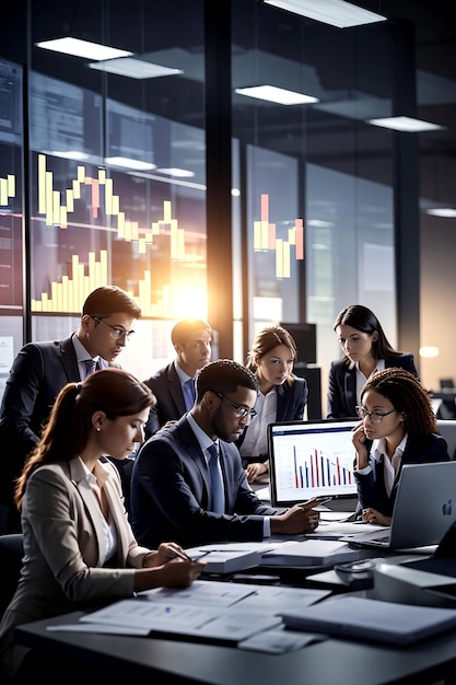 Un groupe d'hommes d'affaires dans un bureau moderne étudiant attentivement les documents financiers Aigenerated