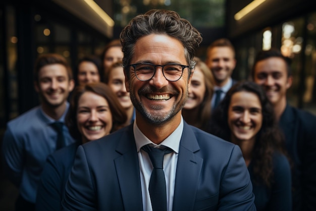 un groupe d'hommes d'affaires heureux et de femmes d'affaires vêtus de costumes sourient au bureau