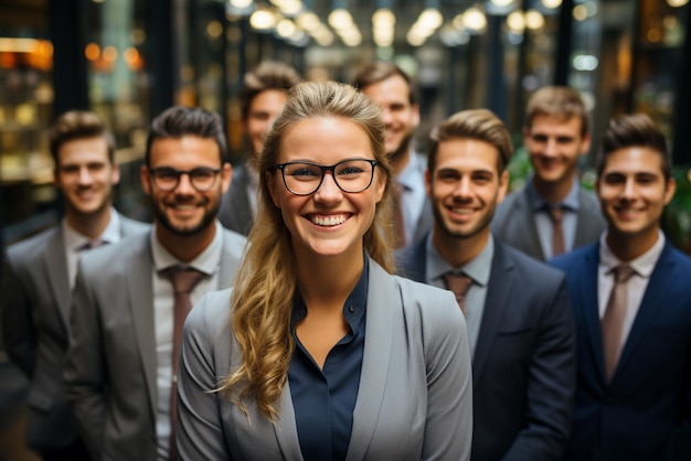 un groupe d'hommes d'affaires heureux et de femmes d'affaires vêtus de costumes sourient au bureau