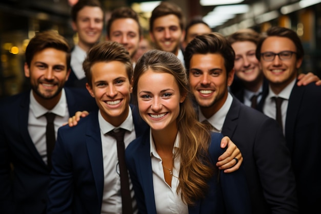 un groupe d'hommes d'affaires heureux et de femmes d'affaires vêtus de costumes sourient au bureau