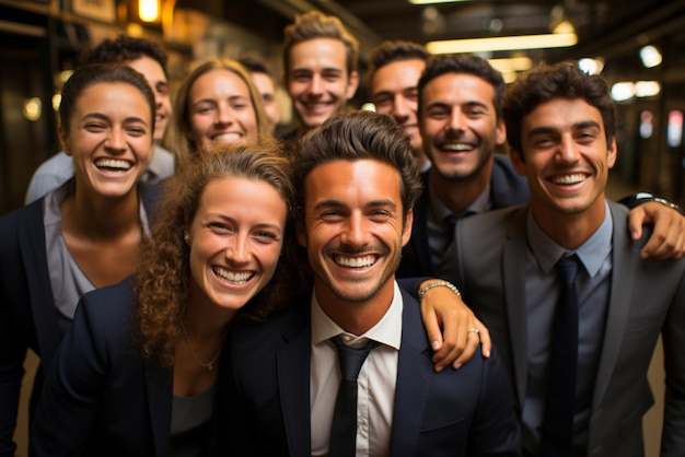 un groupe d'hommes d'affaires heureux et de femmes d'affaires vêtus de costumes sourient dans le bureau
