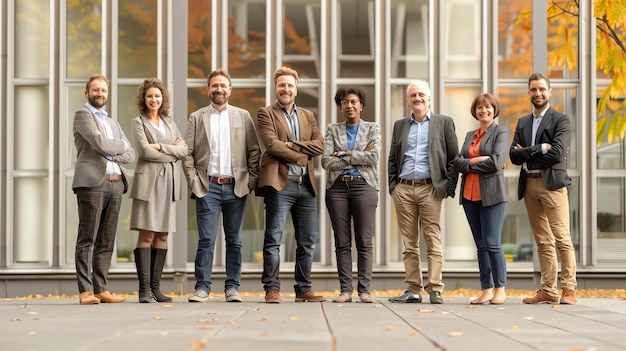 Un groupe d'hommes d'affaires prospères posant devant un immeuble de bureaux. Ils sourient tous et regardent la caméra.