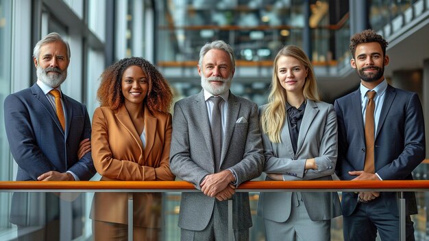 un groupe d'hommes d'affaires rassemblés sur le balcon d'un centre d'affaires