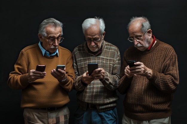 Un groupe d'hommes âgés regardant des smartphones sur fond noir