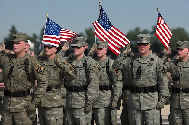 Un groupe d'hommes de l'armée saluant le drapeau américain