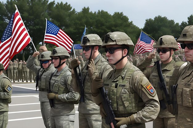 Un groupe d'hommes de l'armée saluant le drapeau américain