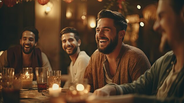 Un groupe d'hommes assis autour d'une table rient et s'amusent