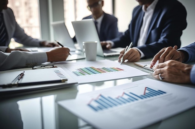 un groupe d'hommes assis à une table avec un graphique dessus