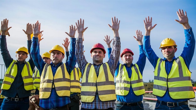 un groupe d'hommes avec des casquettes jaunes et des gilets de sauvetage avec les mains en l'air