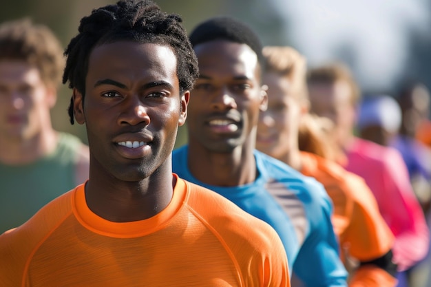 Un groupe d'hommes en chemises orange et bleues