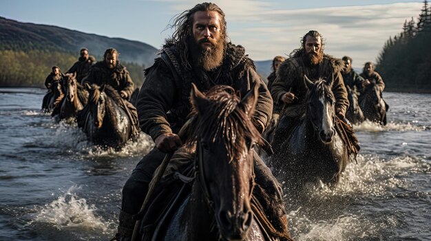 Photo un groupe d'hommes à cheval dans l'eau avec un homme sur le dos