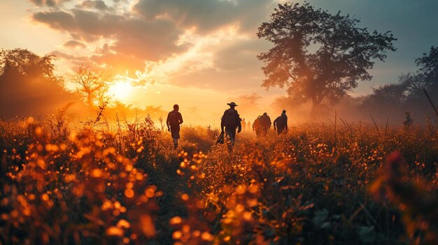 Un groupe d'hommes courant sur un champ au coucher du soleil