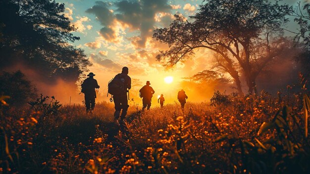 Un groupe d'hommes courant sur un champ au coucher du soleil