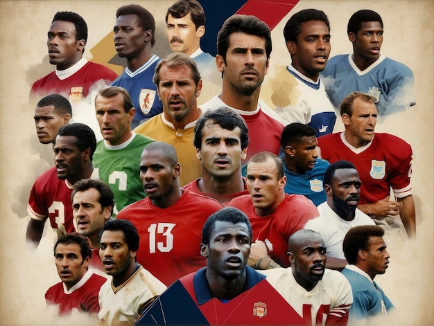 Photo un groupe d'hommes dans différents uniformes de football et des numéros sur une affiche