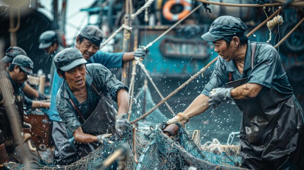 Un groupe d'hommes debout sur un bateau.