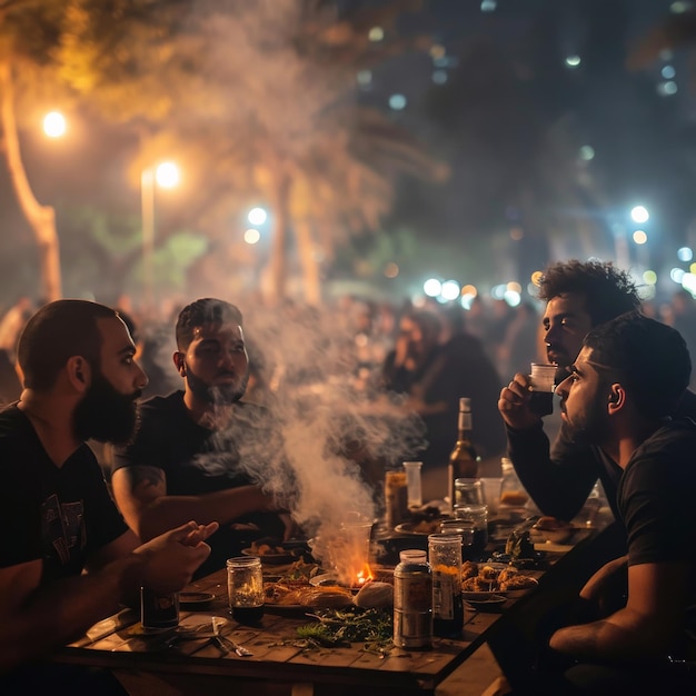 Un groupe d'hommes dînant à une table.