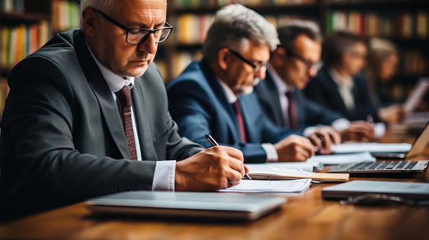 Un groupe d'hommes écrivant sur des papiers