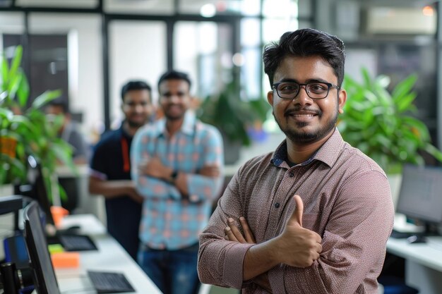 Un groupe d'hommes d'entreprise en chemises formelles souriants et donnant le pouce en l'air symbolisant le travail d'équipe et le succès