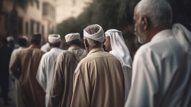 Un groupe d'hommes est aligné en ligne, l'un d'eux porte un chapeau blanc.