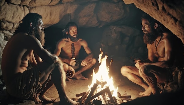 Un groupe d'hommes est assis autour d'un feu dans une grotte, l'un d'eux porte une longue barbe.