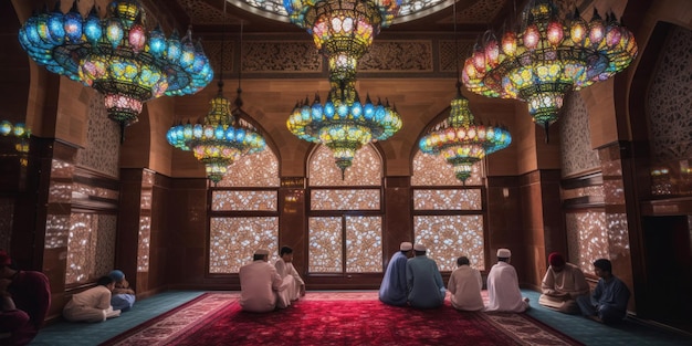 Un groupe d'hommes est assis dans une mosquée avec de grandes lampes bleues suspendues au plafond.