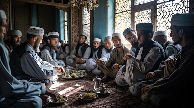 Photo un groupe d'hommes est assis dans une pièce avec de la nourriture sur la table.