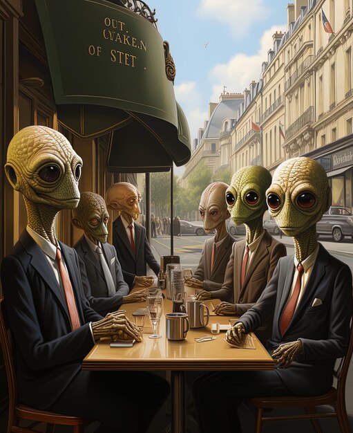 un groupe d'hommes extraterrestres assis à une table avec le mot tête de jambe de jambe