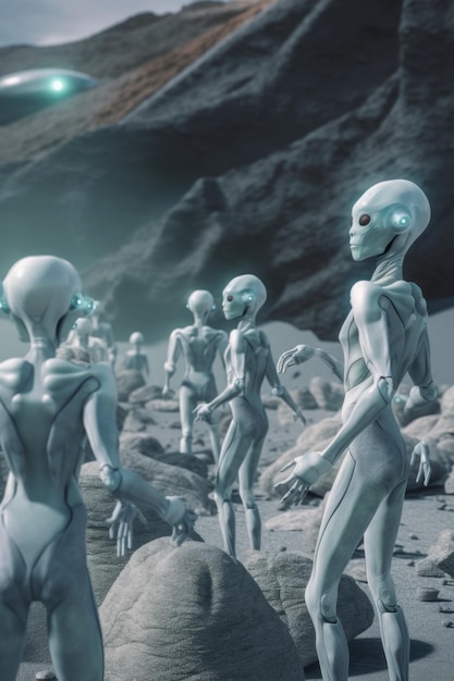 Un groupe d'hommes extraterrestres debout au sommet d'une colline rocheuse Image AI générative
