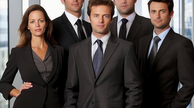 Un groupe d'hommes et de femmes d'affaires en costume posant pour un portrait de groupe pour leur entreprise