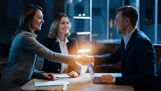 Groupe d'hommes et de femmes d'affaires se serrent la main avec un lien d'effet de lumière