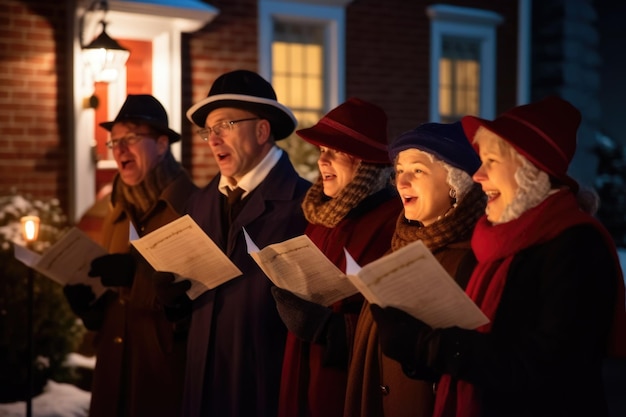 Photo un groupe d'hommes et de femmes mûrs chantant des chansons traditionnelles de noël devant la maison.