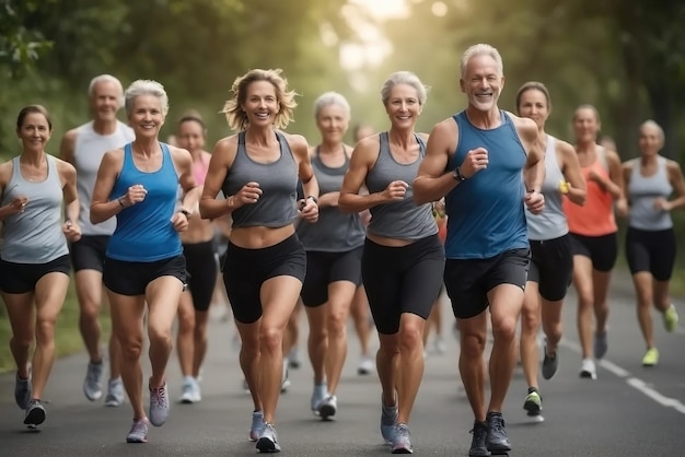 Un groupe d'hommes et de femmes à la retraite s'entraînant à courir ensemble dans un parc