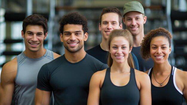 Un groupe d'hommes et de femmes sportifs se rassemblent dans le fond d'une salle de sport