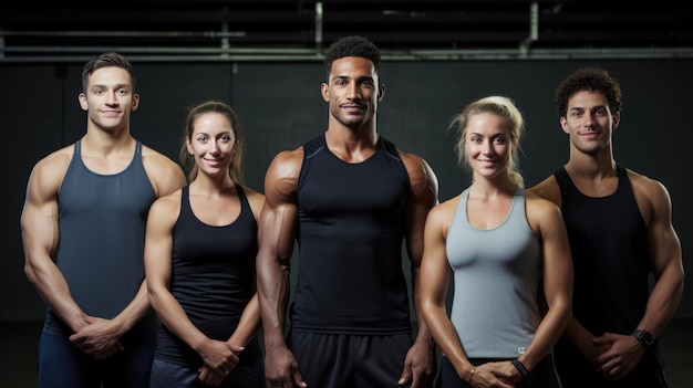 Un groupe d'hommes et de femmes sportifs se rassemblent dans le fond d'une salle de sport