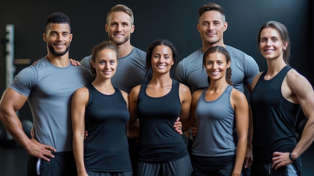 Un groupe d'hommes et de femmes sportifs se rassemblent dans le fond d'une salle de sport