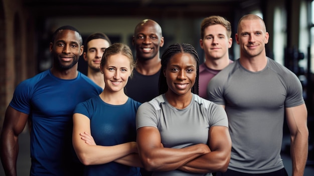 Un groupe d'hommes et de femmes sportifs se rassemblent dans le fond d'une salle de sport