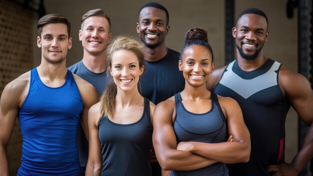 Un groupe d'hommes et de femmes sportifs se tiennent ensemble à l'arrière-plan d'un gymnase