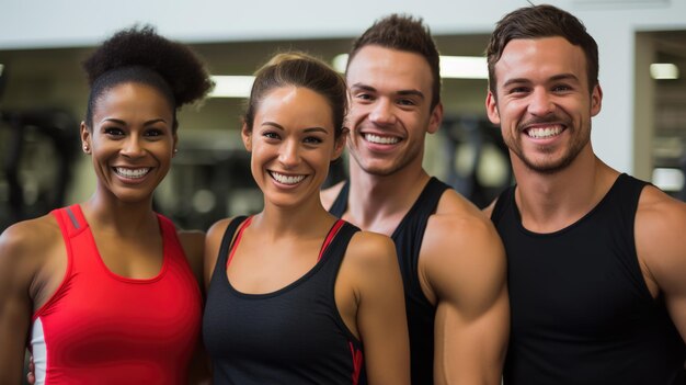 Un groupe d'hommes et de femmes sportifs se tiennent ensemble à l'arrière-plan d'un gymnase