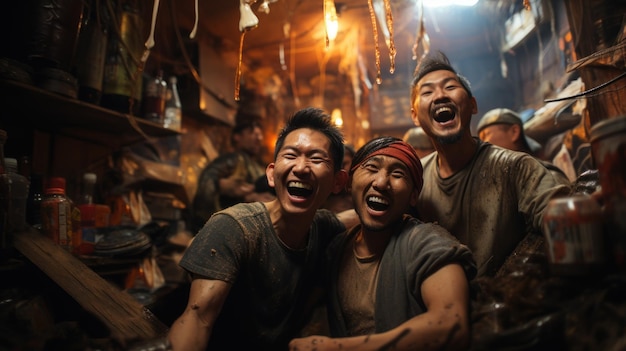 groupe d'hommes ivres asiatiques riant dans une pièce en désordre faisant des célébrations folles dans l'appartement