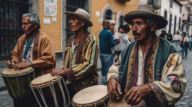 Un groupe d'hommes jouant de la batterie dans une rue.