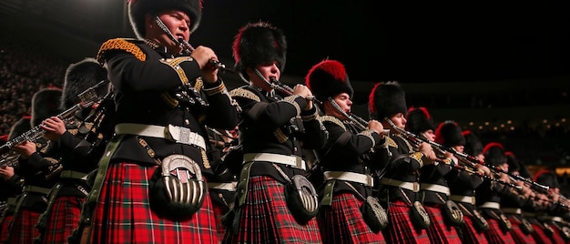 un groupe d'hommes en kilts marchant sur un champ