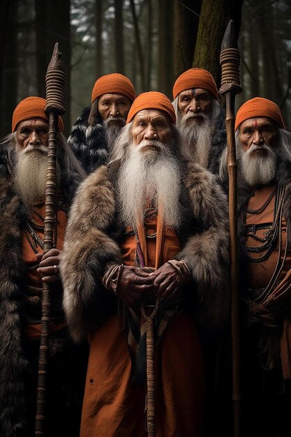 un groupe d'hommes avec de longues barbes blanches se tiennent en rangée