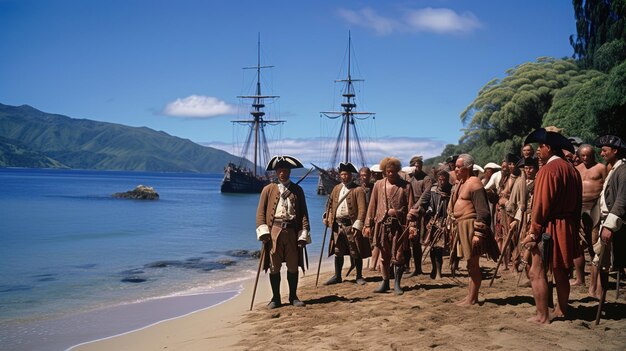 Photo un groupe d'hommes marchant sur une plage avec un navire en arrière-plan