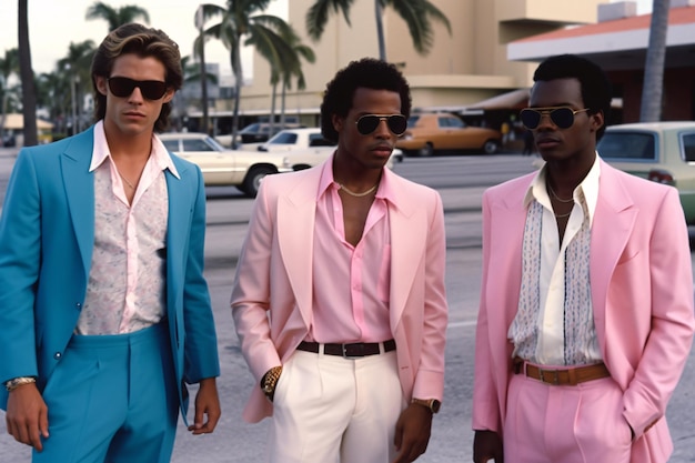 Groupe d'hommes à la mode rétro de Miami dans des lunettes de soleil Scène de coucher de soleil à Miami des années 80 Synth wave Nostalgia Fashion Look Book Generative ai